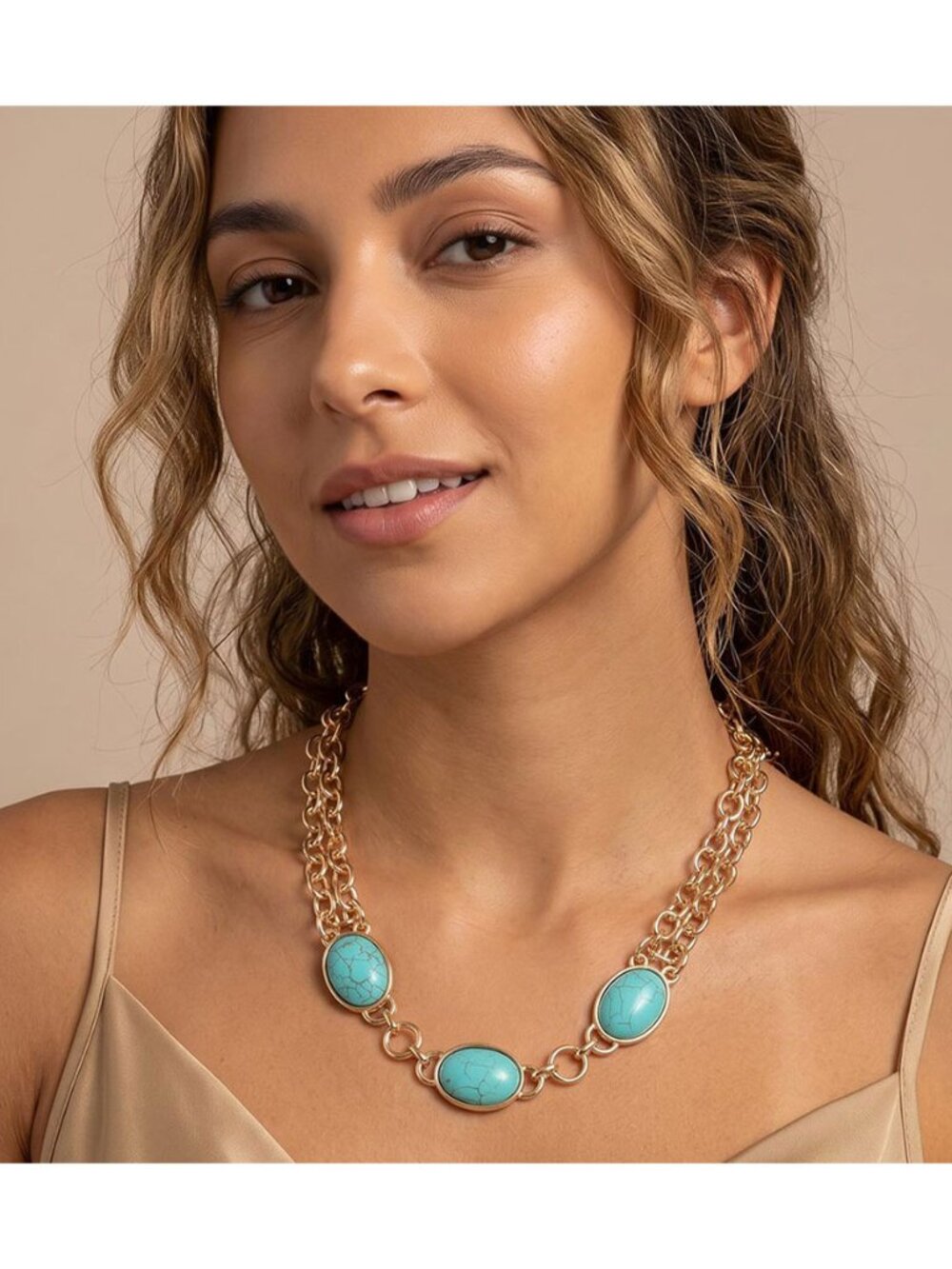 Tigerstars Turquoise Oval Cabochon Link Layered Chain Necklace